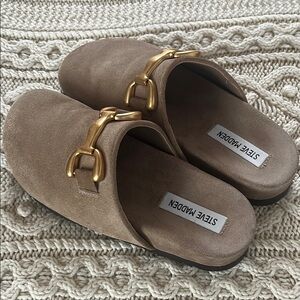 Steve Madden Women's Tan Suede Mules with Gold Accent